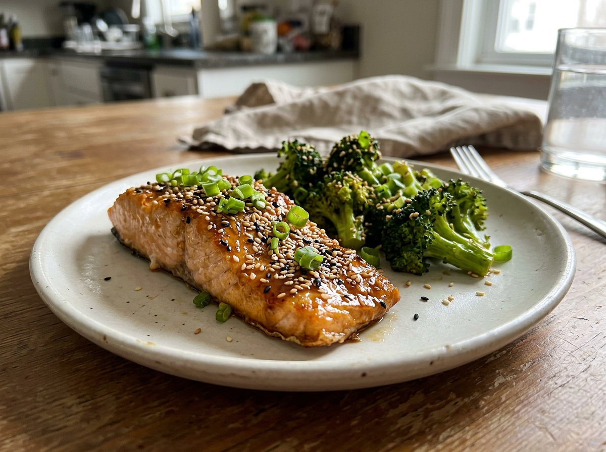 Crispy Baked Salmon with Honey Garlic Glaze and Sesame Broccoli — about 420 calories per serving, topped with toasted sesame seeds and fresh scallions