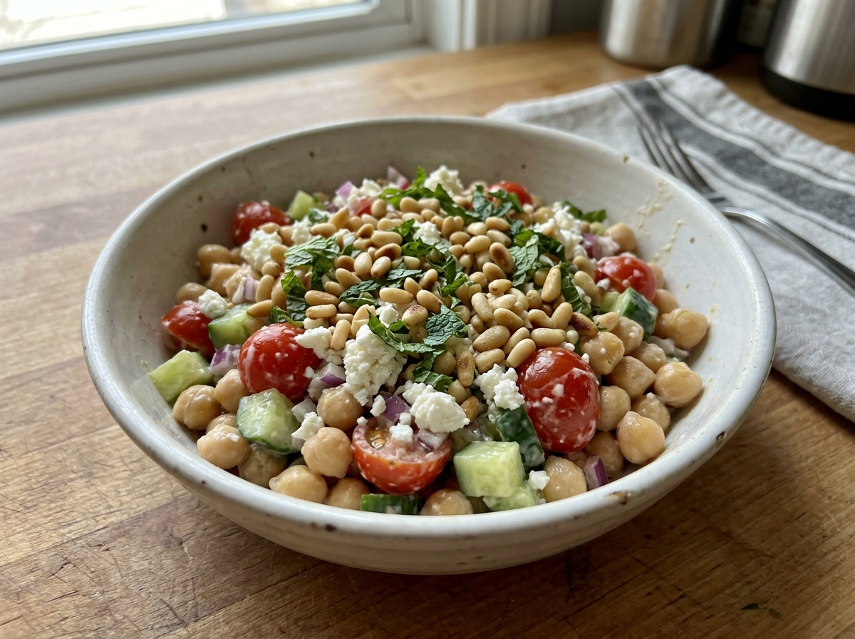 Mediterranean Chickpea Salad Bowl with Feta and Lemon Tahini Dressing — roughly 350 calories, topped with toasted pine nuts and fresh mint