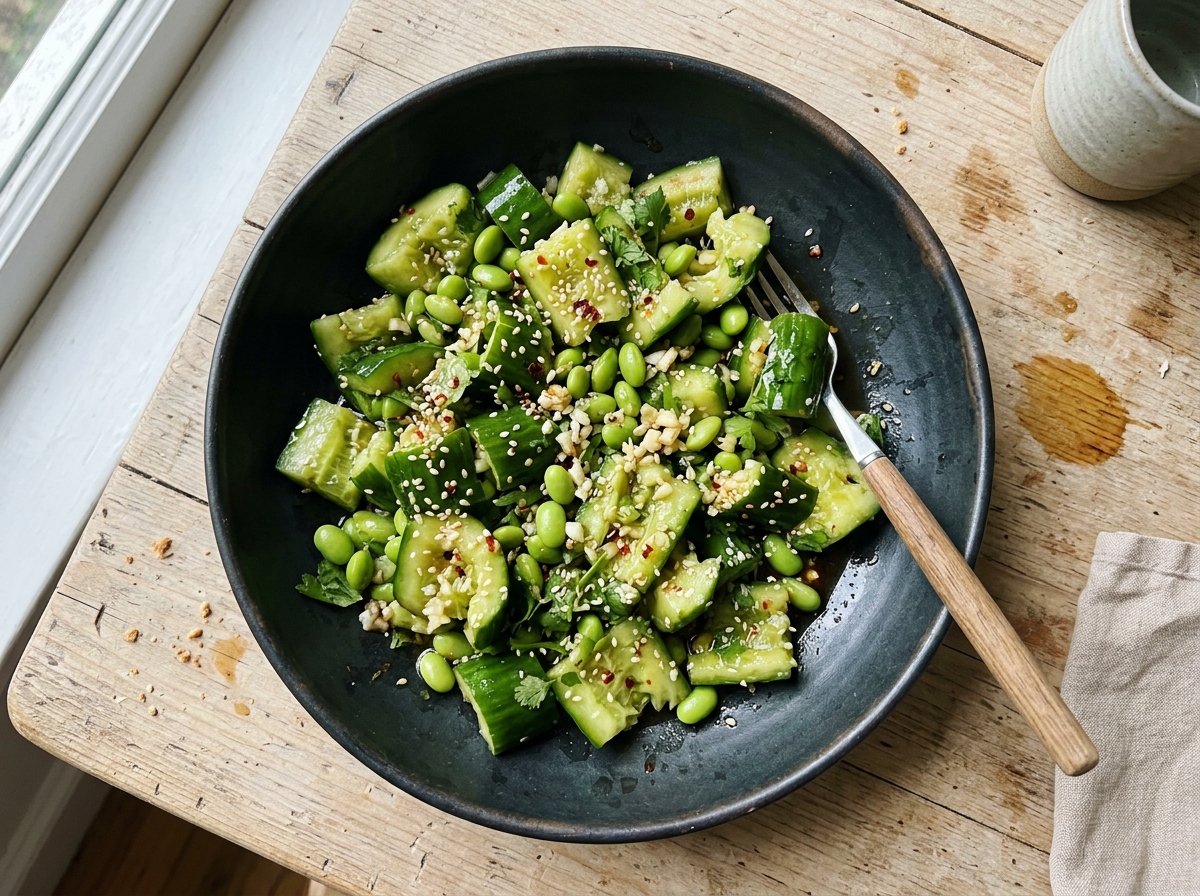 High-Protein Sesame Garlic Smashed Cucumber Salad