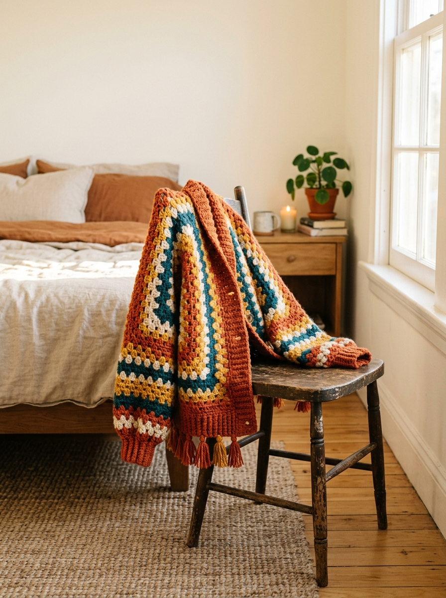 Finished handmade chunky crochet hexagon cardigan in autumnal colors styled in a cozy room