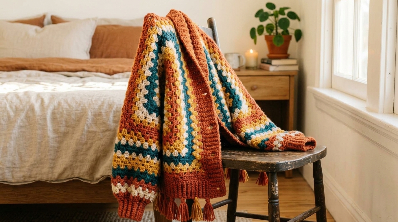 Horizontal 16:9 wide lifestyle scene of a finished chunky crochet hexagon cardigan draped over a wooden chair