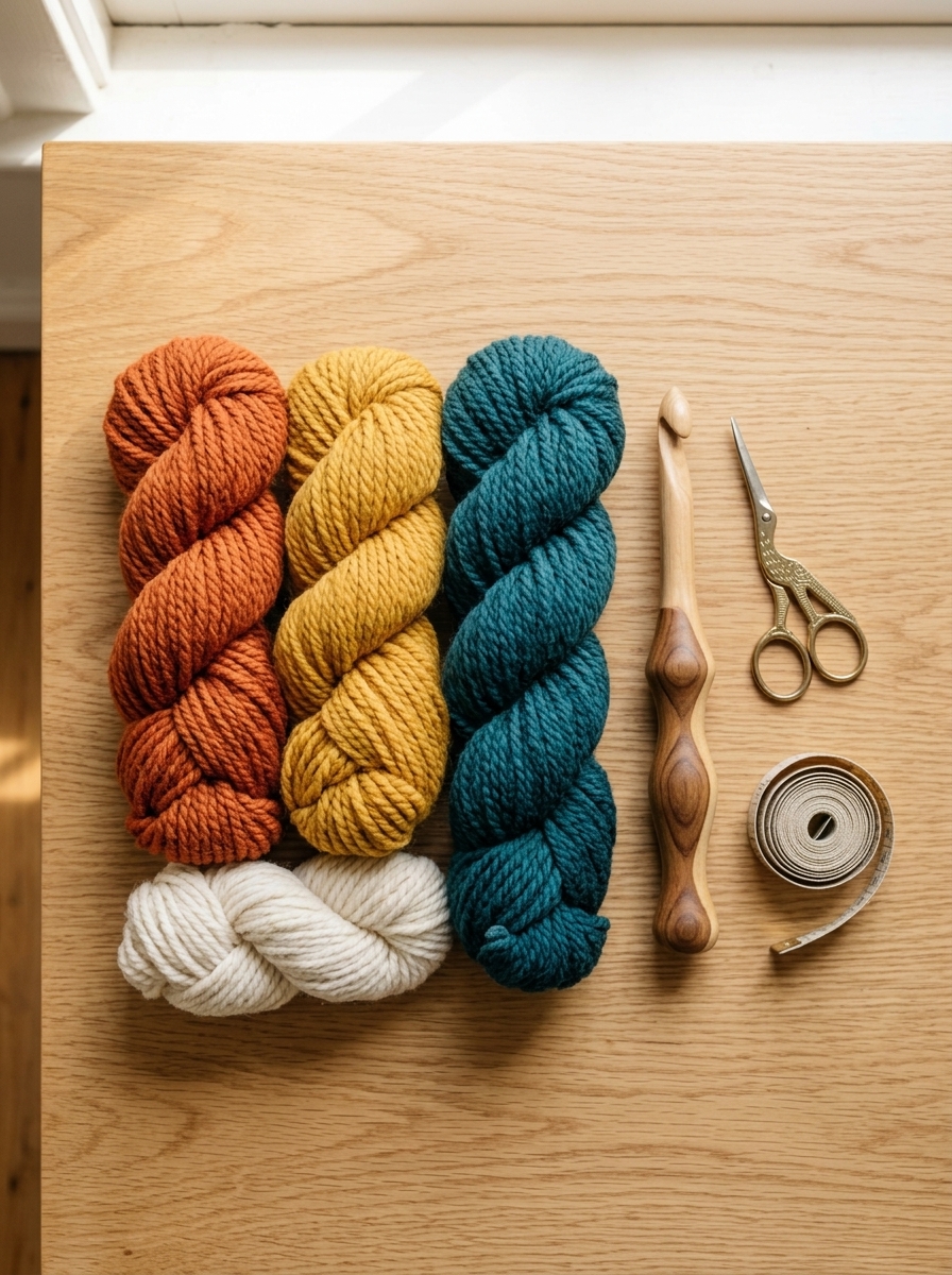 Overhead flat-lay arrangement of craft materials for a chunky crochet cardigan