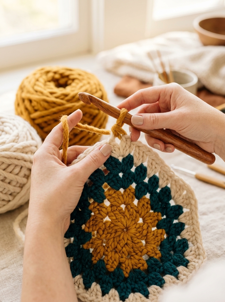 Close-up action shot of maker hands crocheting the chunky hexagon pattern