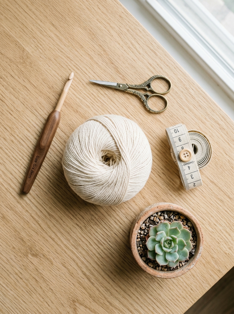 Crochet supplies flat-lay: cotton yarn skein, wooden hook, scissors, and measuring tape on wood table