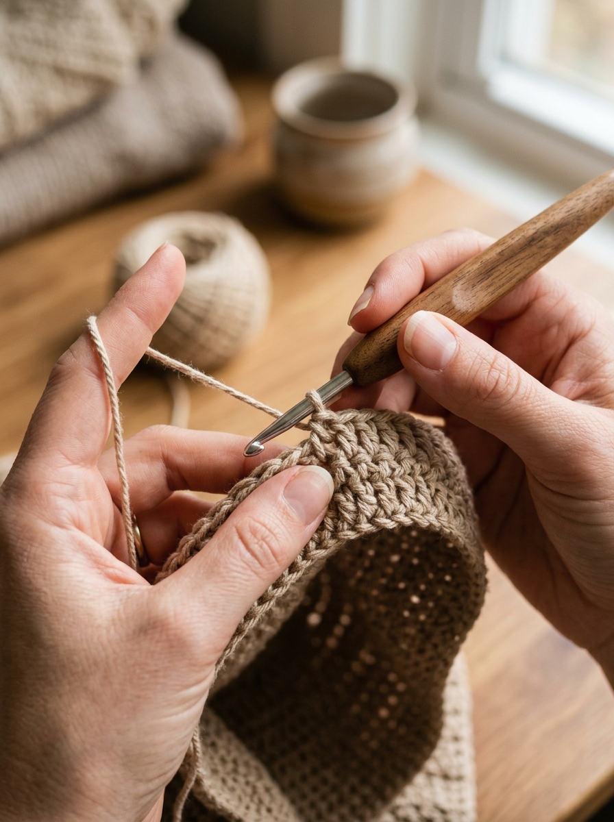 Clean maker hands holding yarn tension and wooden crochet hook inserting into exact stitch loop