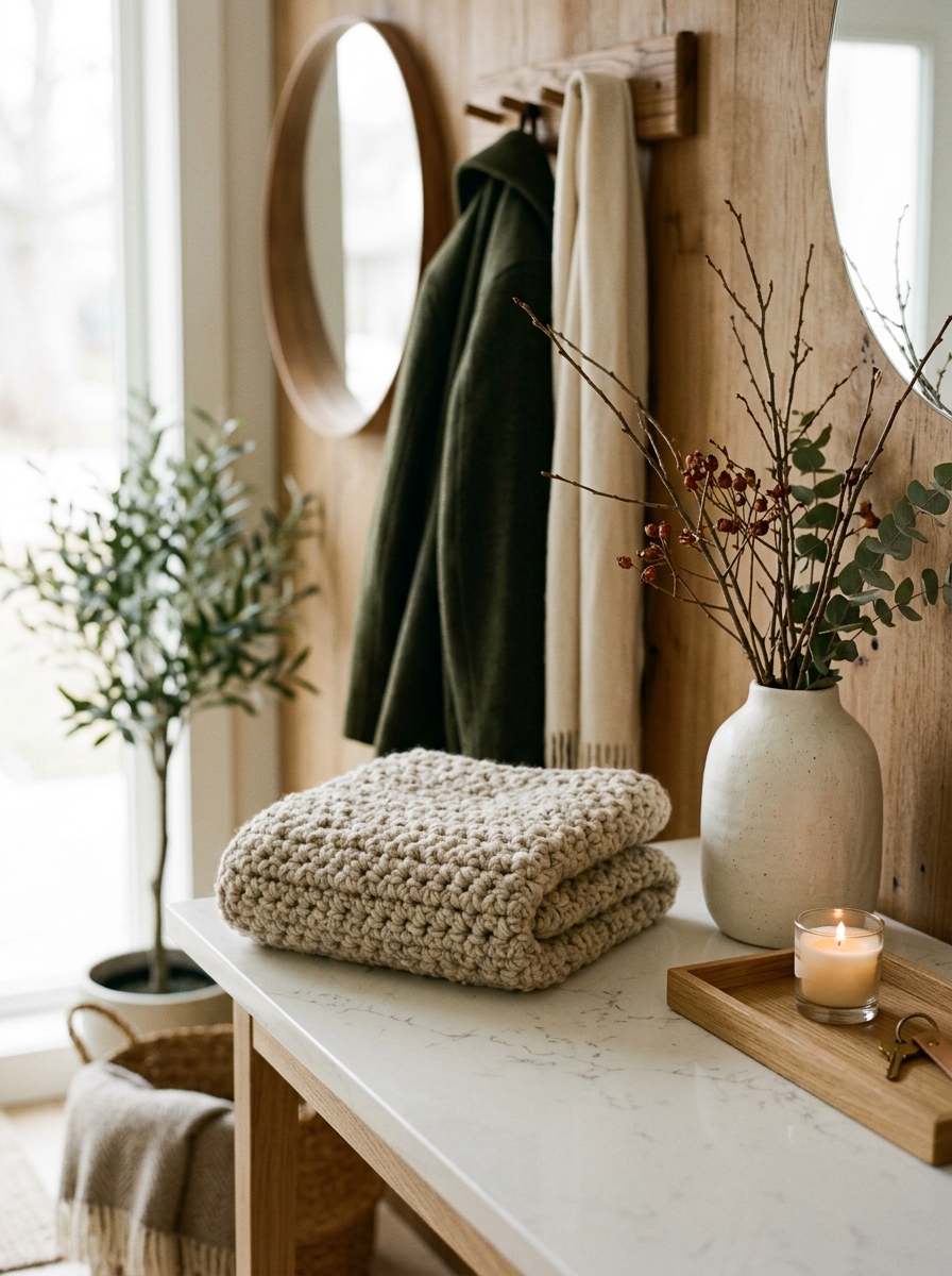 Finished handmade chunky crochet winter cowl folded neatly on a modern white quartz entryway table
