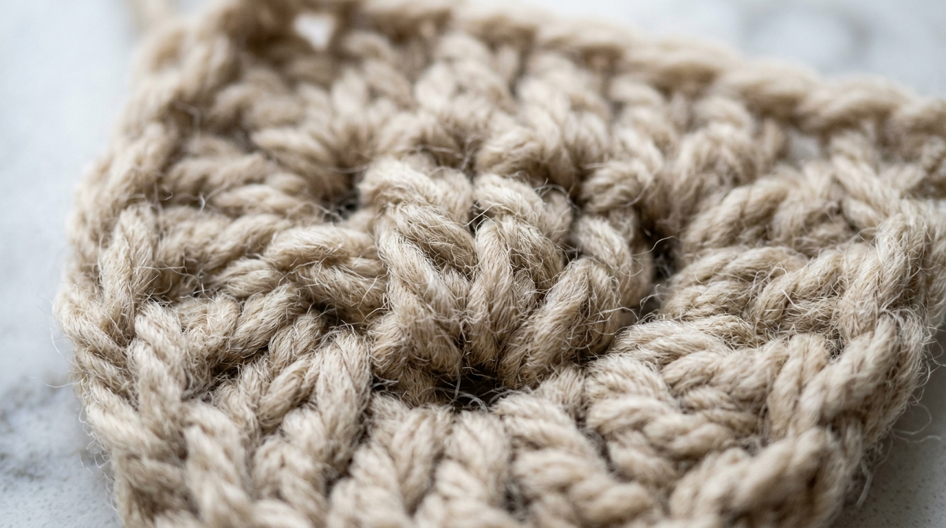 Ultra close-up macro of textured crochet stitches in chunky beige wool yarn