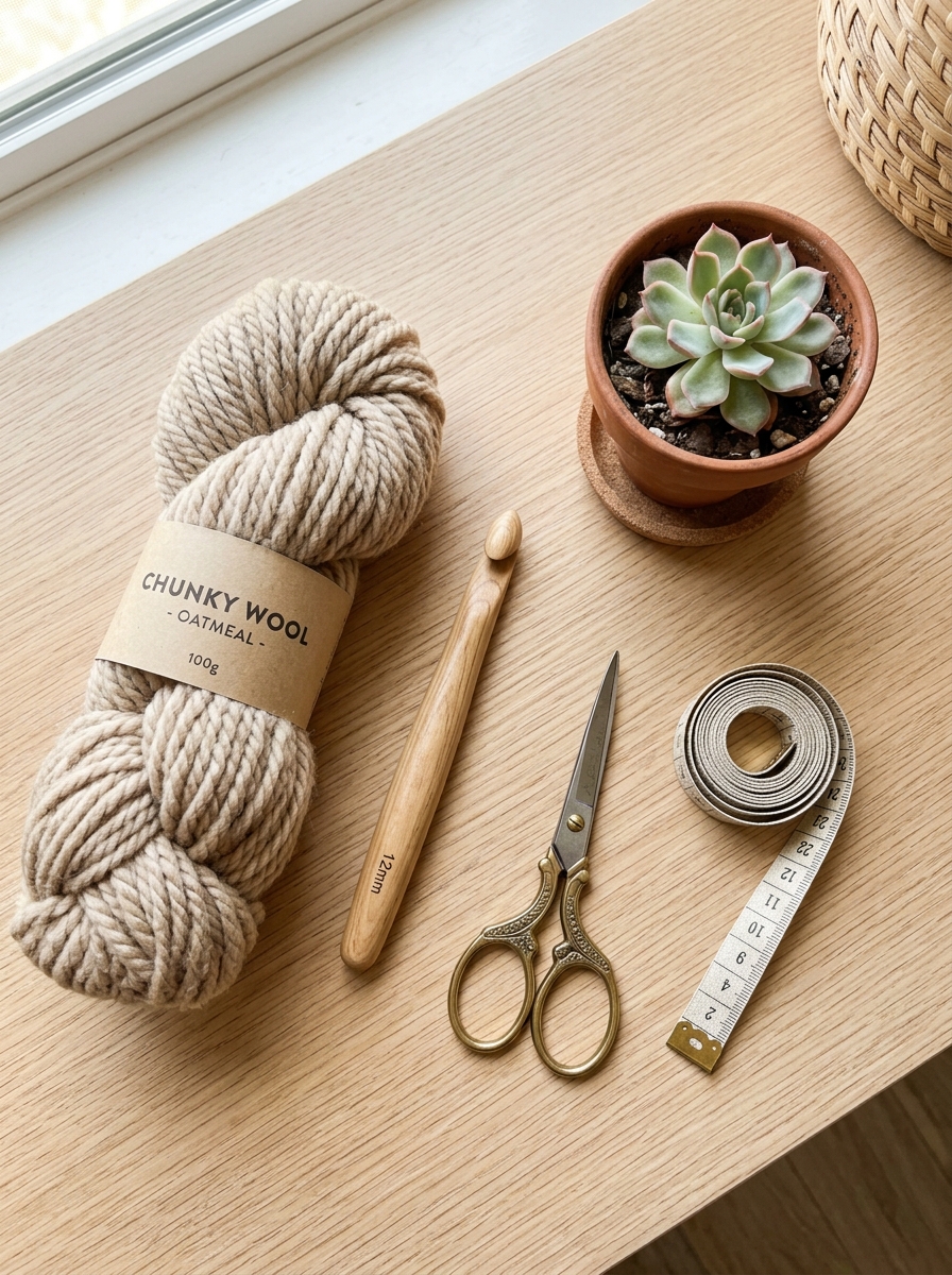 Crochet supplies flat-lay: thick chunky beige wool yarn skein, large wooden hook, scissors, and measuring tape on wood table