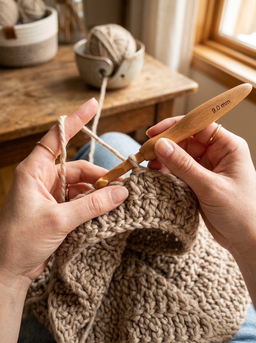 Clean maker hands holding yarn tension and wooden crochet hook inserting into exact back loop