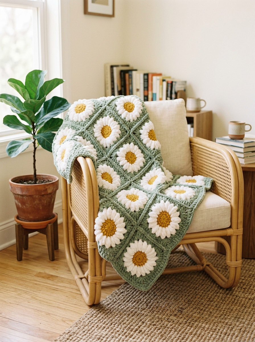 Finished handmade chunky crochet daisy blanket styled on a cozy reading chair