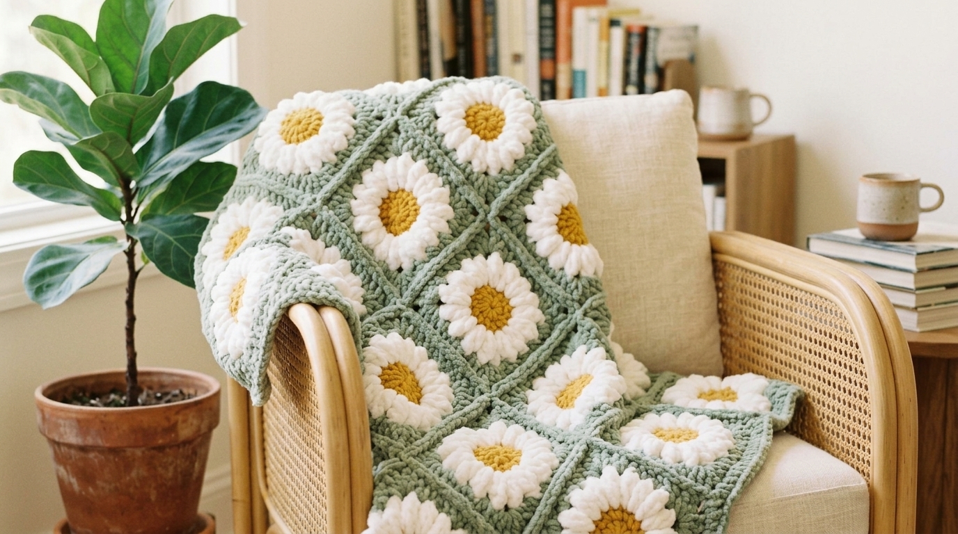 Horizontal 16:9 landscape lifestyle scene of a chunky crochet blanket with daisy squares