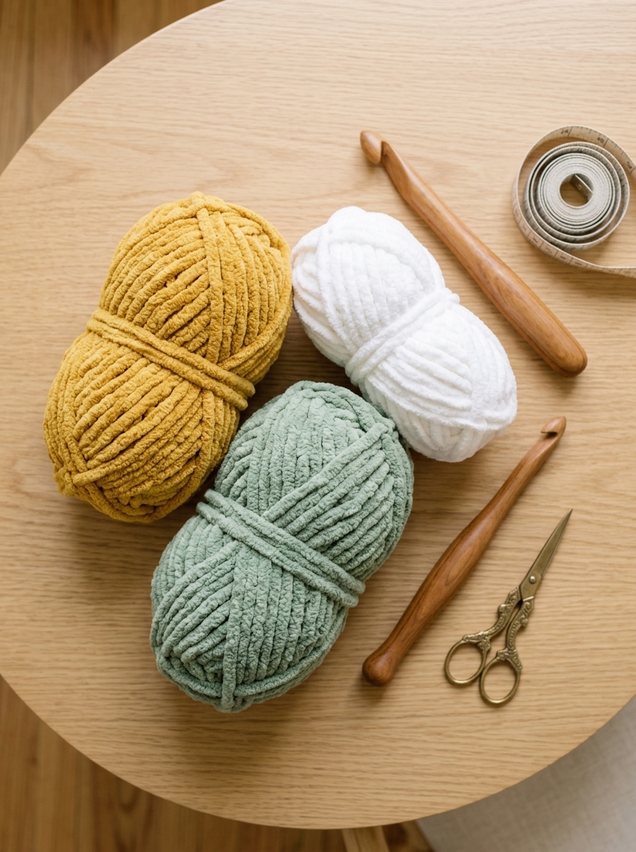 Overhead flat-lay arrangement of craft materials for a chunky daisy blanket
