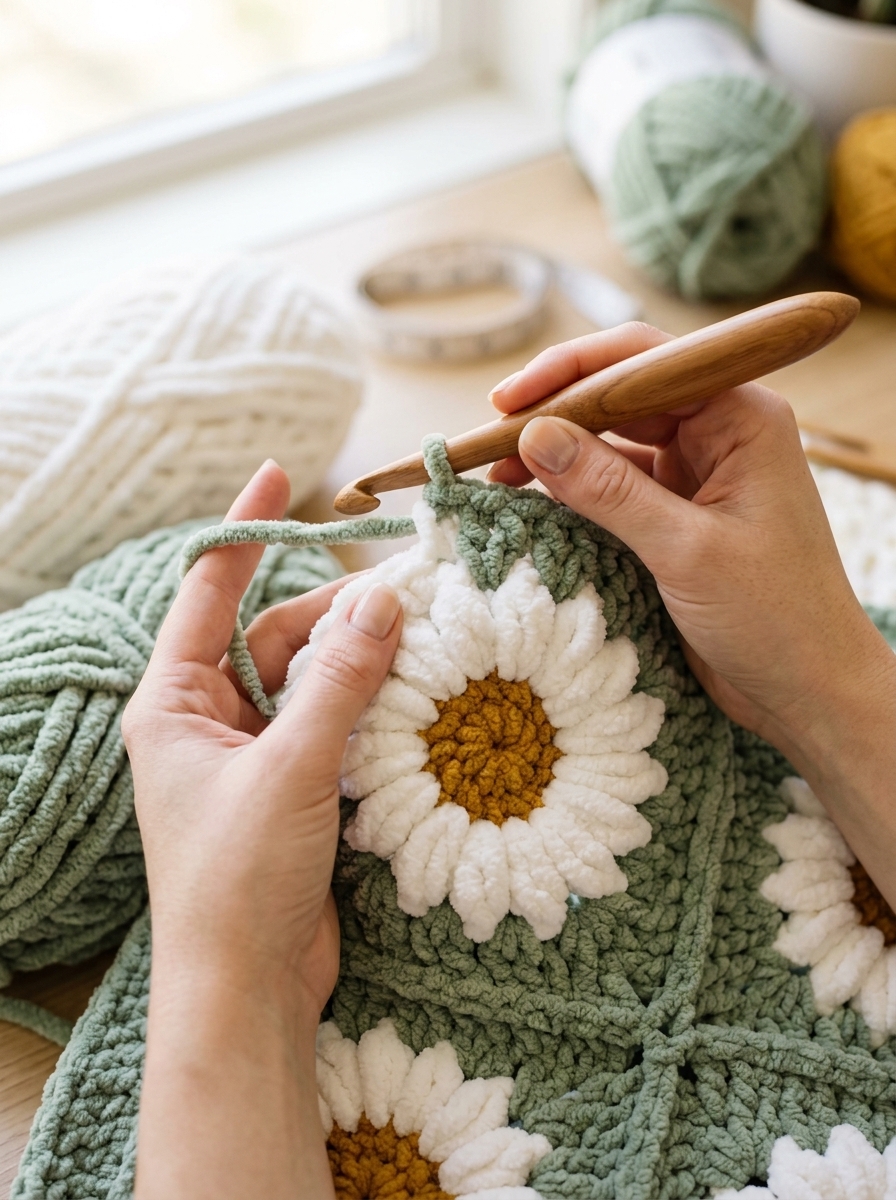 Close-up action shot of maker hands crocheting a chunky daisy square