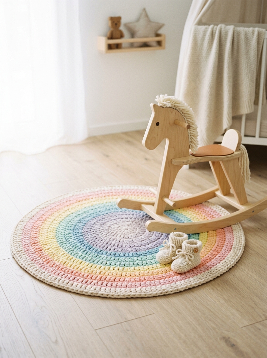 Finished handmade small round crochet children's rug in soft pastel rainbow colors in a modern nursery