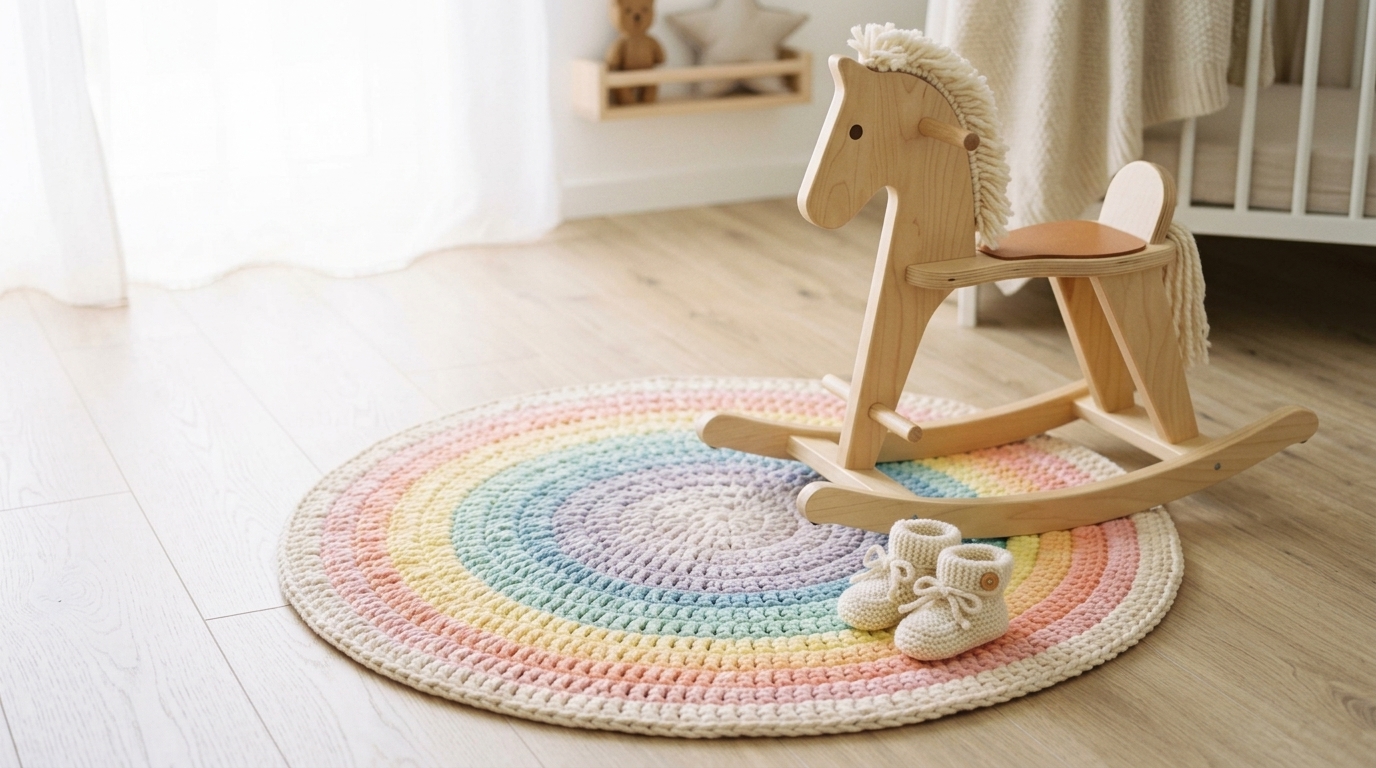 Ultra close-up macro photography of textured crochet stitches in chunky soft pastel rainbow yarn for a small children's room rug