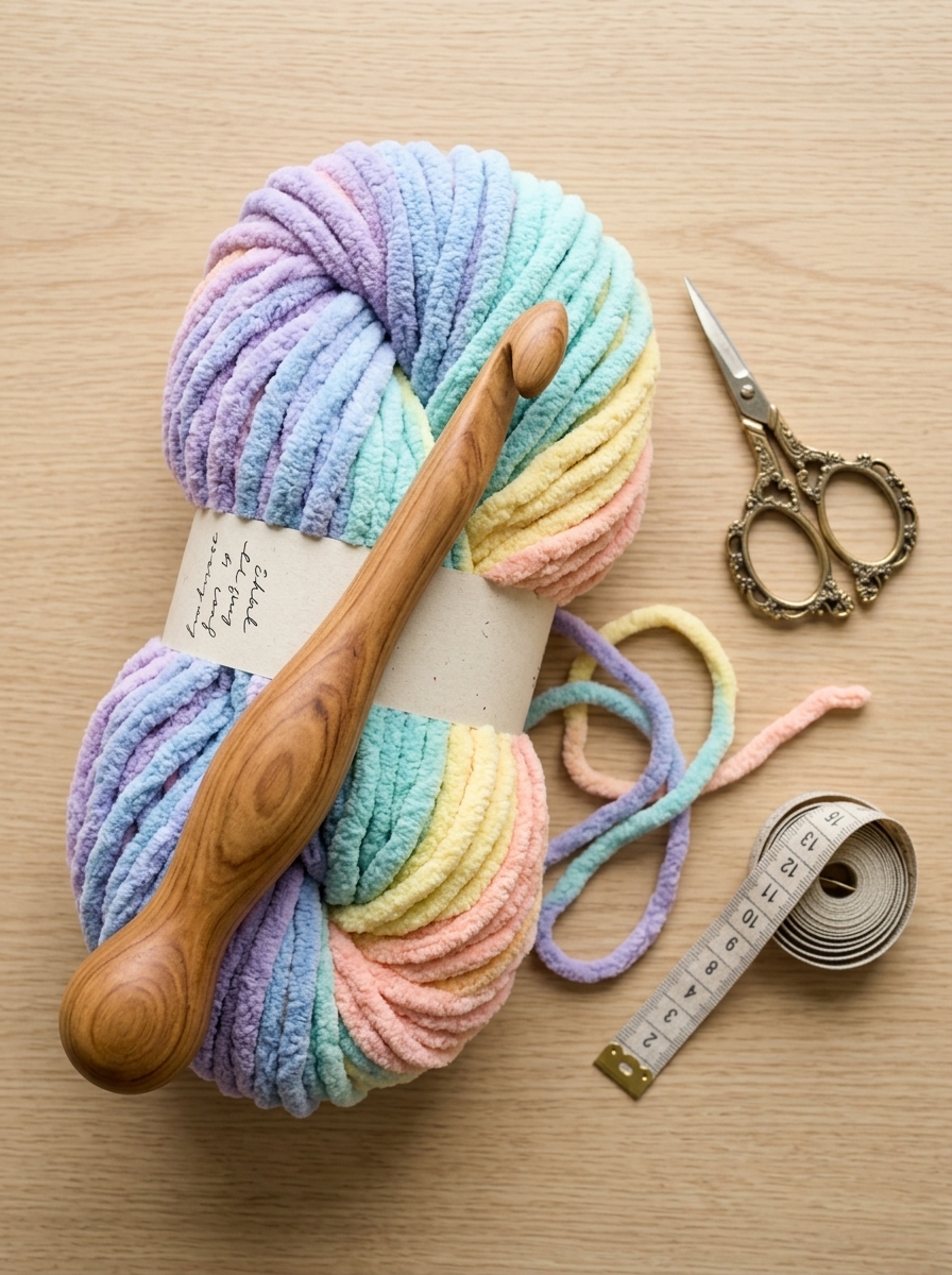Overhead flat-lay arrangement of craft materials for a chunky rug on a clean light-oak wood craft table