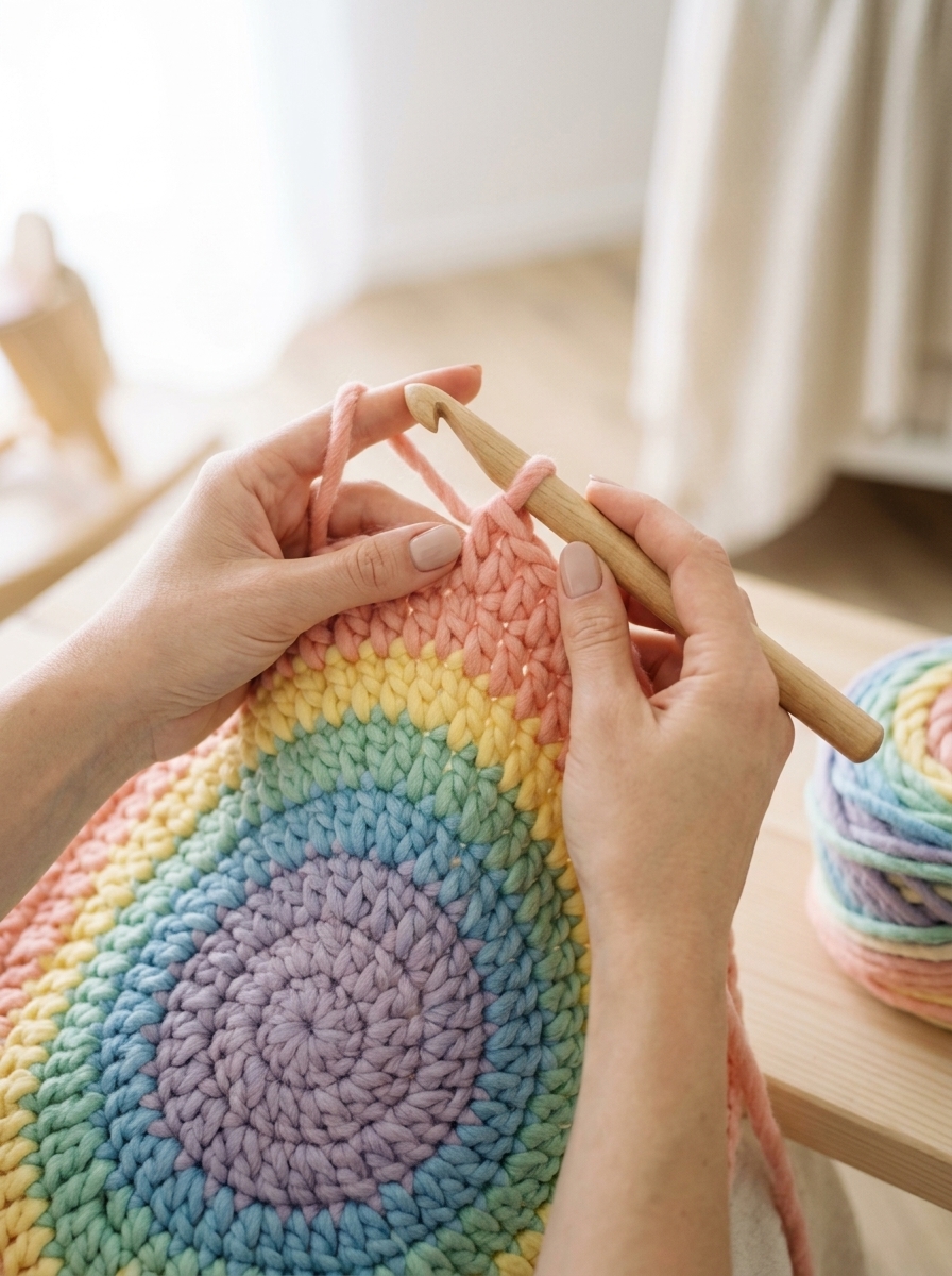 Close-up action shot of clean maker hands crocheting thick pastel yarn with a large wooden hook