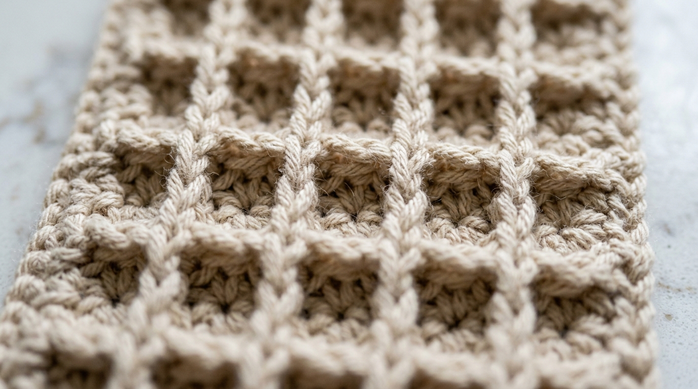 Ultra close-up macro of textured waffle crochet stitches in natural beige unmercerized cotton yarn on white quartz