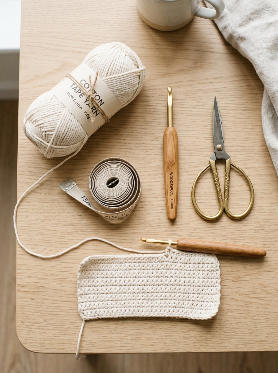 Overhead 3:4 portrait flat-lay arrangement of craft materials on a clean light-oak wood craft table with natural cream cotton yarn and an ergonomic wooden crochet hook