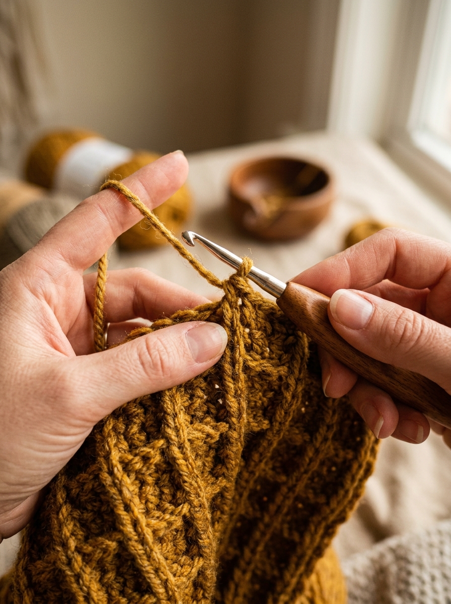 Close-up 3:4 portrait action shot of clean, focused maker hands holding yarn tension and an ergonomic wooden crochet hook, inserting the hook tip around the post of a stitch